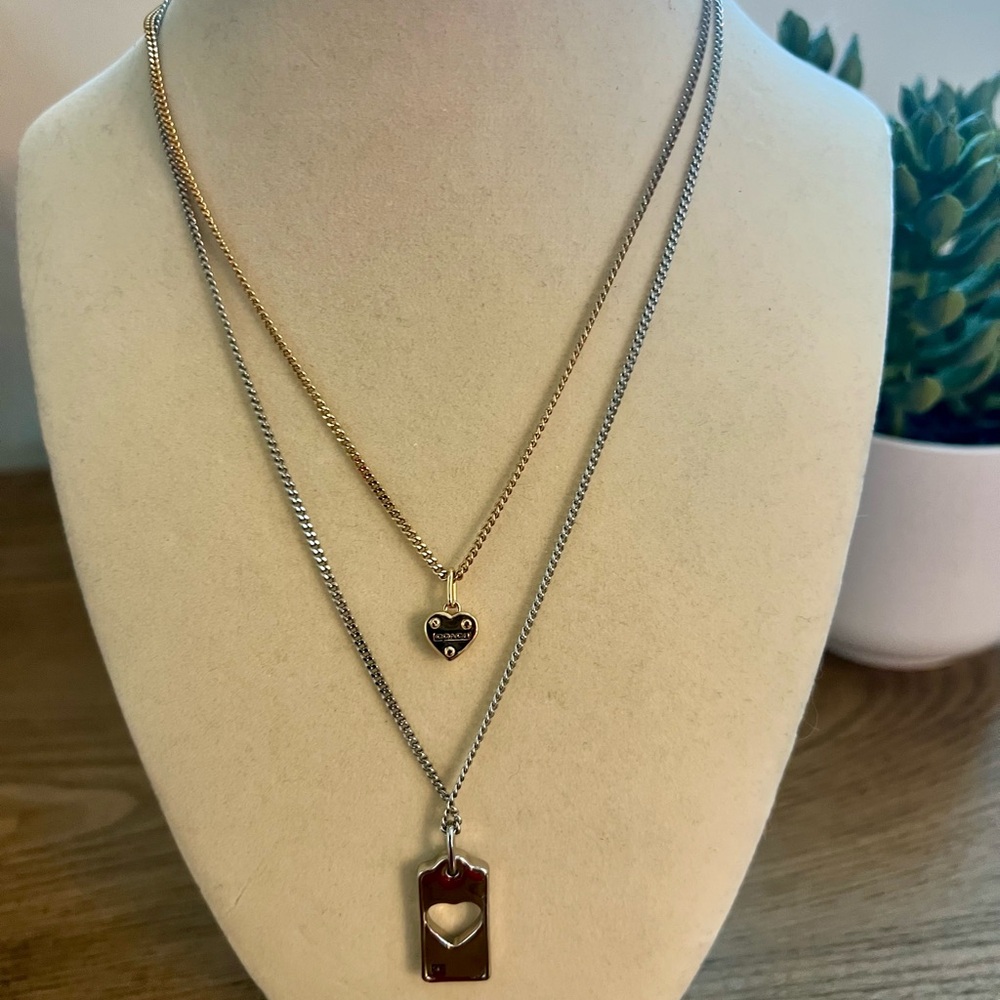 Coach Gold and Silver Heart Pendant Necklace Set
